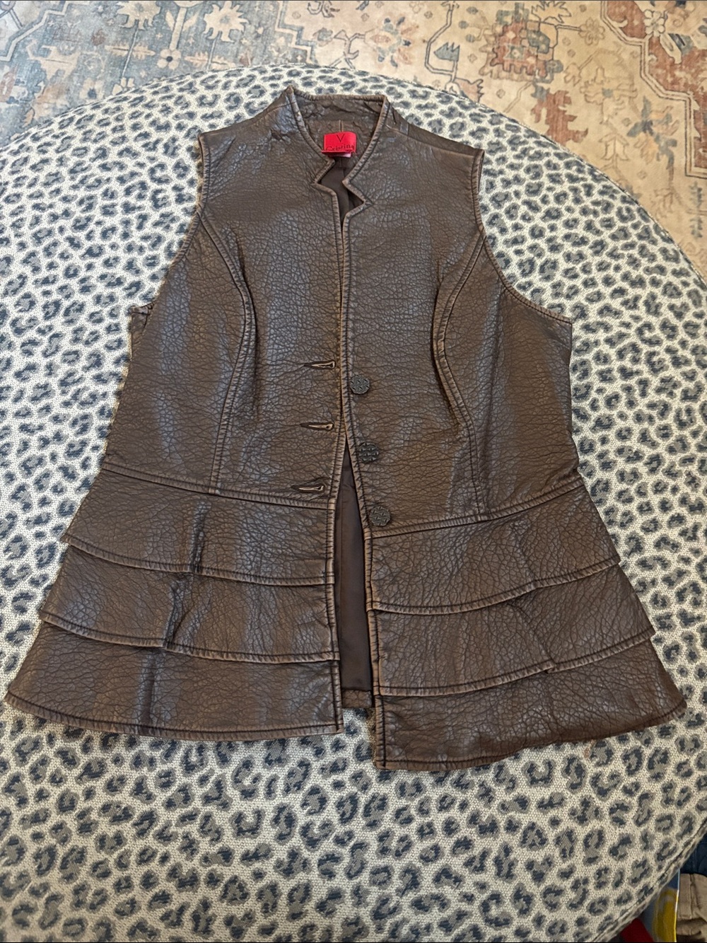 V Cristina Brown Leather-Textured Sleeveless Tiered Vest